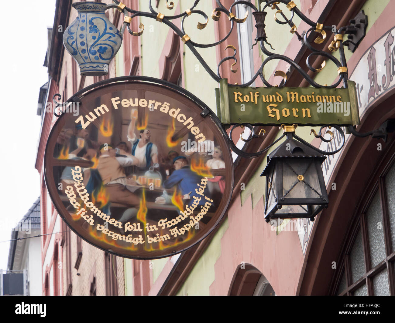 Apfelwein, hard cider or apple wine, a regional specialty in Hesse Germany served in cozy inns all over Frankfurt am Main Stock Photo