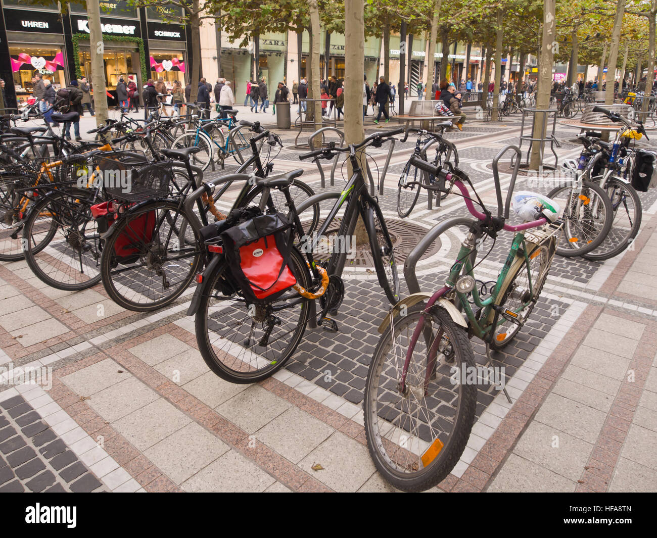 Bike parking in the pedestrian street Zeil in the shopping district of Frankfurt  am Main Hesse Germany Stock Photo - Alamy