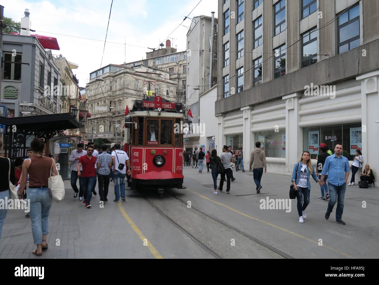 Tram passing through Istiklal Caddesi Street in Istanbul, Turkey Stock Photo
