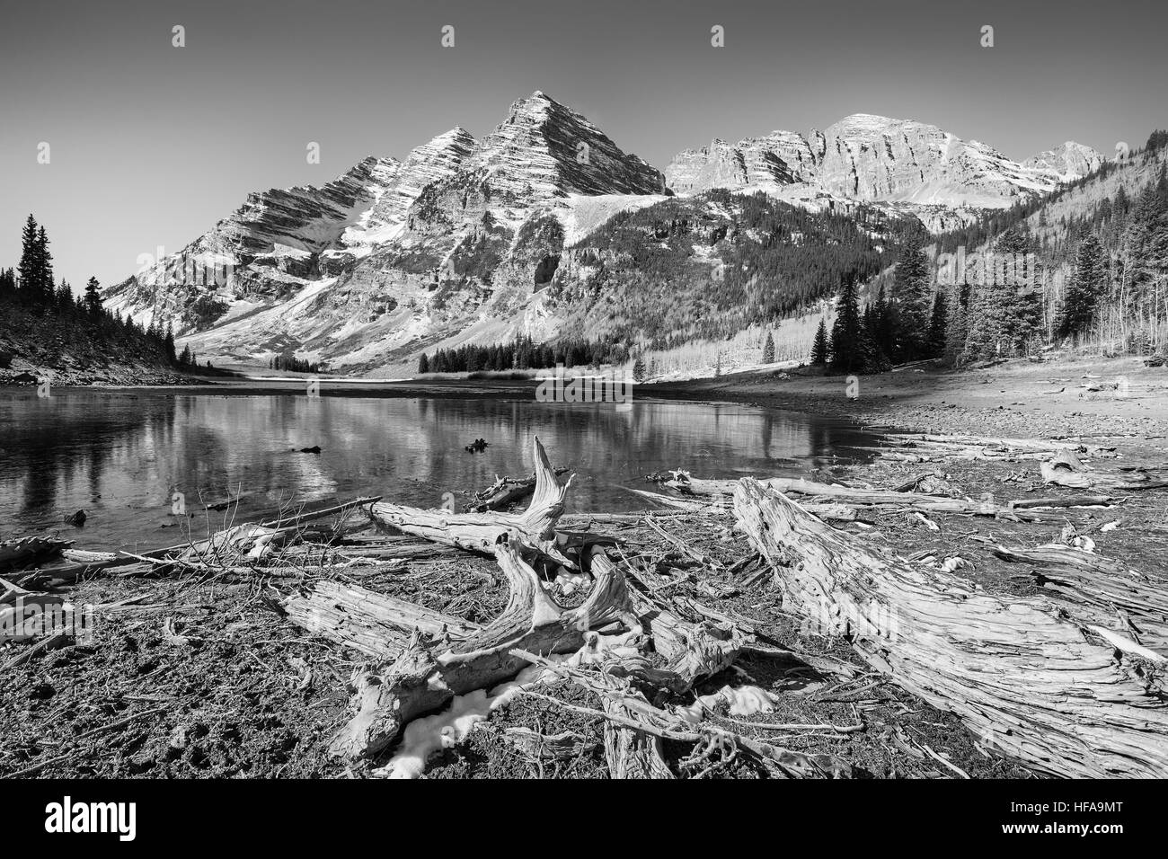Black and white photo of Maroon Bells landscape, Aspen in Colorado, USA. Stock Photo