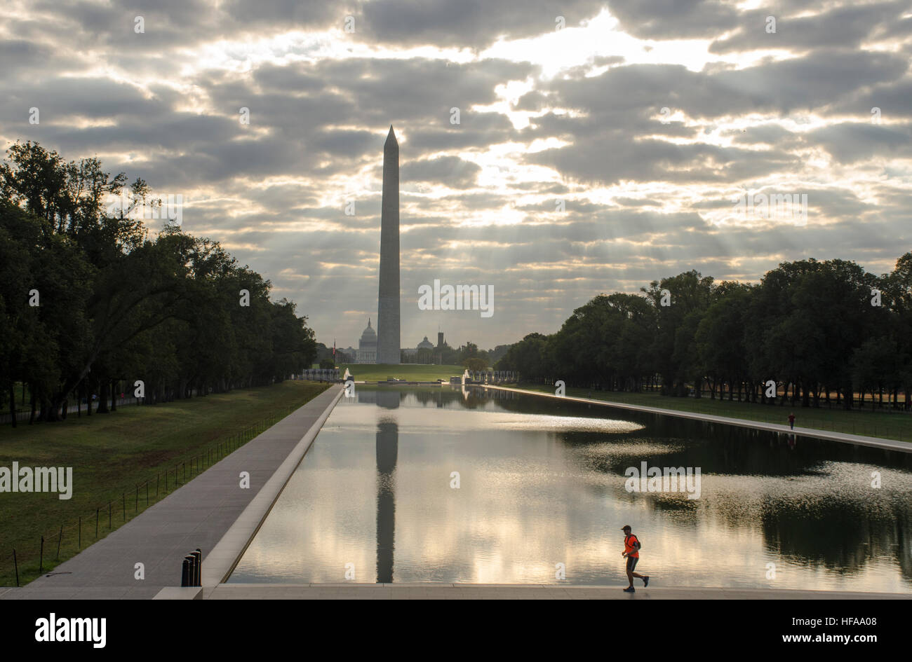 Washington Monument and Reflecting Pool seen from the Lincoln Memorial in Washington DC. Stock Photo