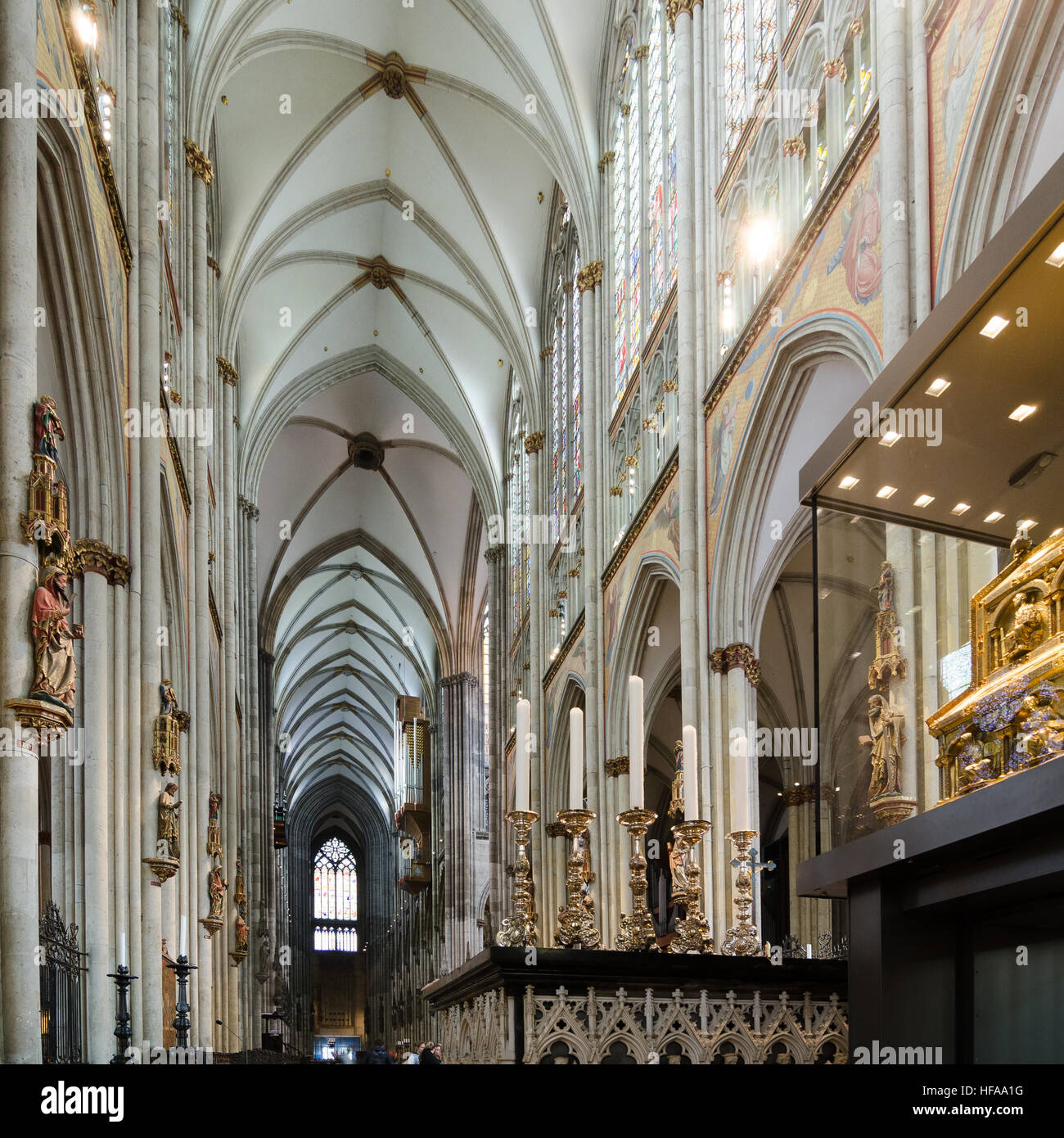 Cologne, Germany - September 17, 2015: Interior of the Cologne Cathedral. Roman Catholic cathedral in gothic style. Nave, ceiling, organ, columns and  Stock Photo