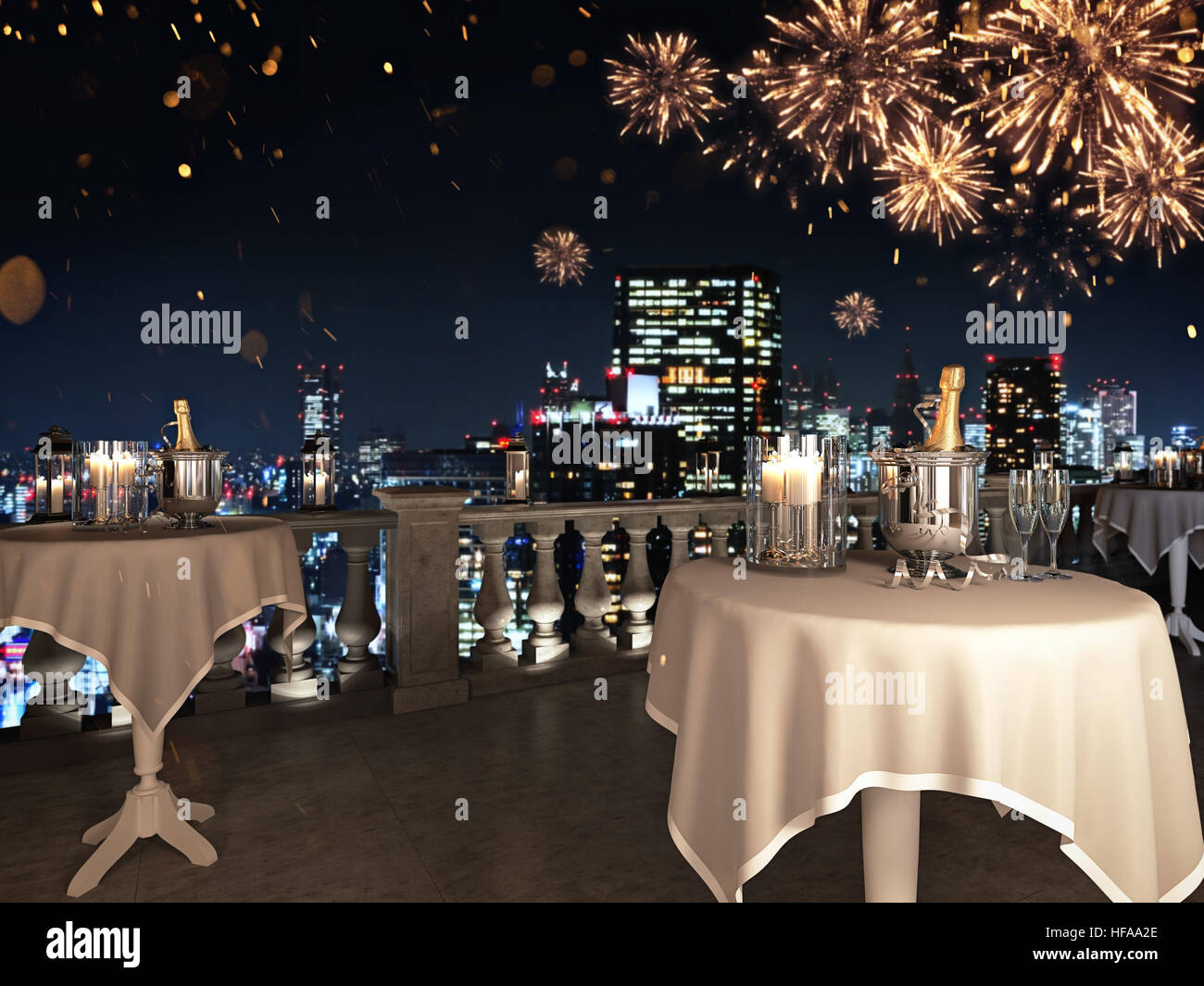 two glasses with champagne and bottle. 3d rendering Stock Photo