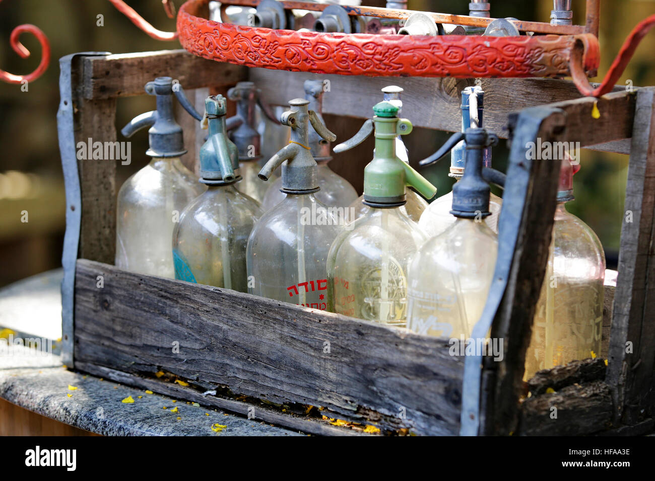 Vintage soda water bottles for gassing water Stock Photo