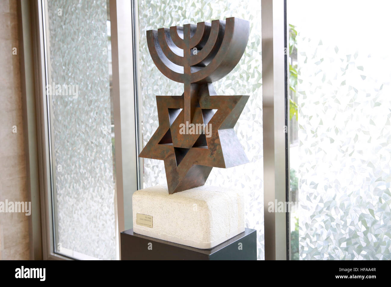David's Menorah sculpture (by David Soussanna) in the Israeli Knesset, Jerusalem, Israel Stock Photo