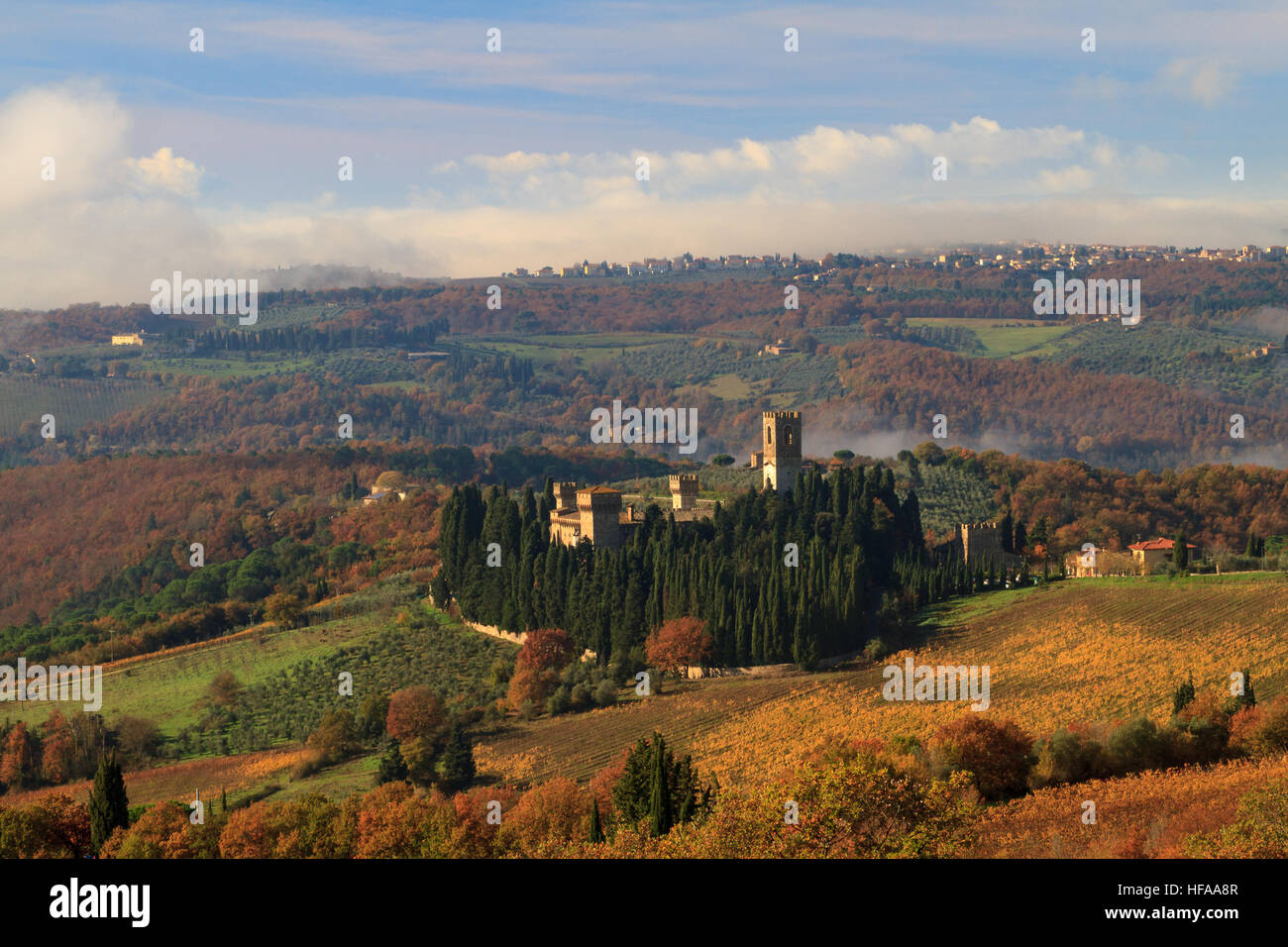 Tavarnelle Val di Pesa, November 2016: Abbey of Passignano and vineyard landscape in autumn with fog, on November 2016 in Tavarnelle Val di Pesa, Ital Stock Photo