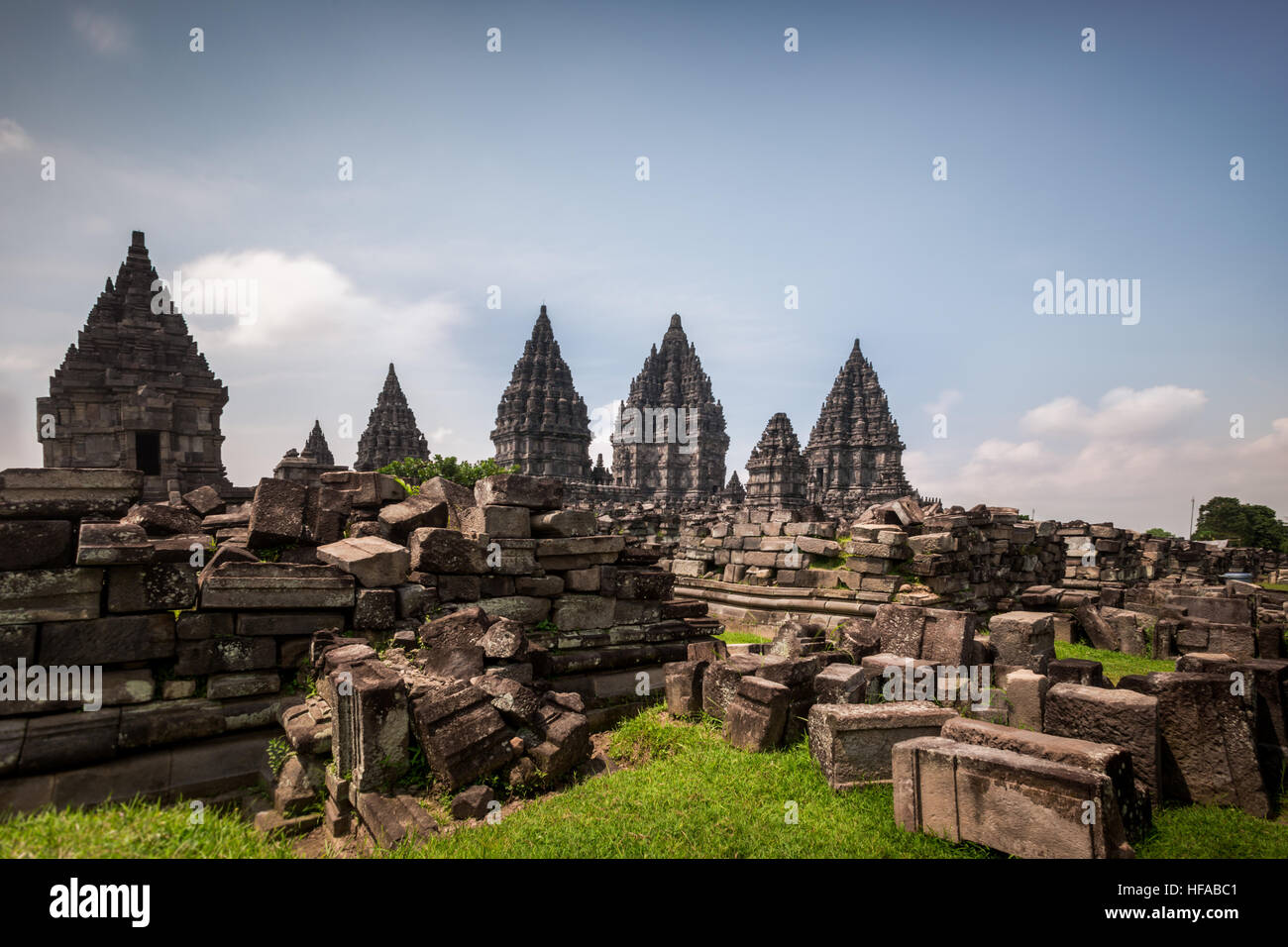 Wide angle view of Candi Prambanan Temple a Unesco World Heritage site in Indonesia Stock Photo