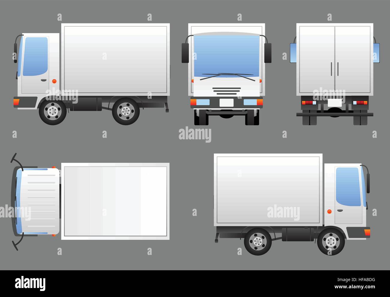 White delivery truck prepared for branding in four views - left, front, rear, top and right. Each view is a separate group. Vector image contains no m Stock Vector