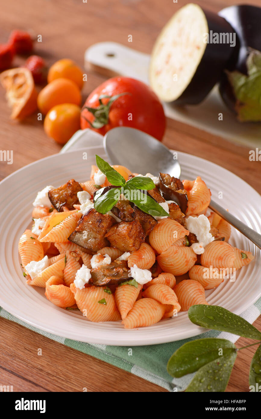 pasta alla norma traditional Sicilian recipe with cottage cheese