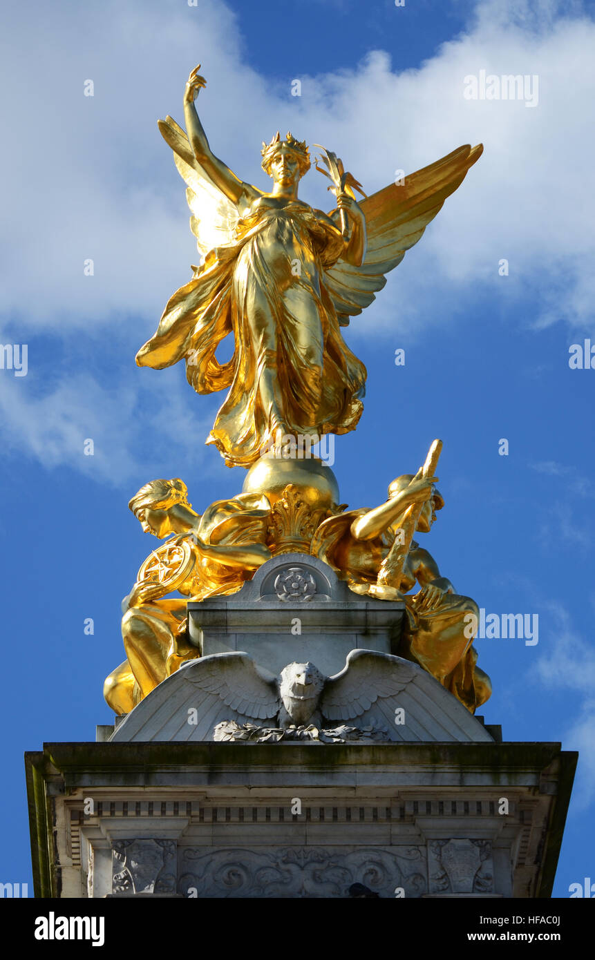 Winged Victory. A detail of the Victoria Memorial outside Buckingham Palace in The Mall, London. This is Winged Victory, Courage, and Constancy Stock Photo