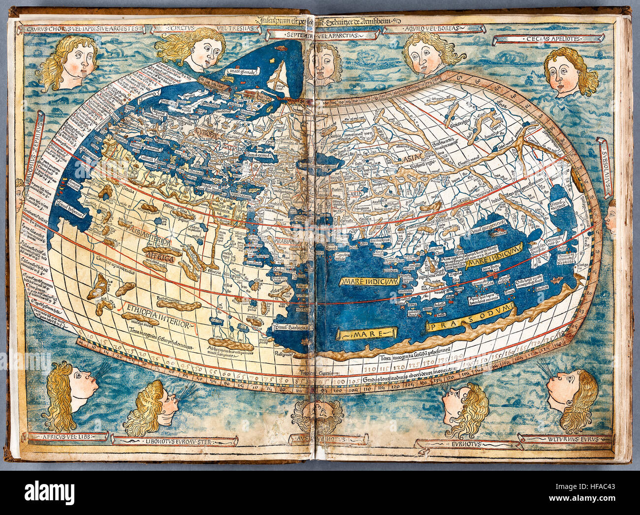 Claudius Ptolemy (90-168AD) world map in spherical projection circa 150AD by Nicolaus Germanus (c. 1420 – c. 1490) edition of Ptolemy's Cosmographia published in 1482. See description for more information. Stock Photo