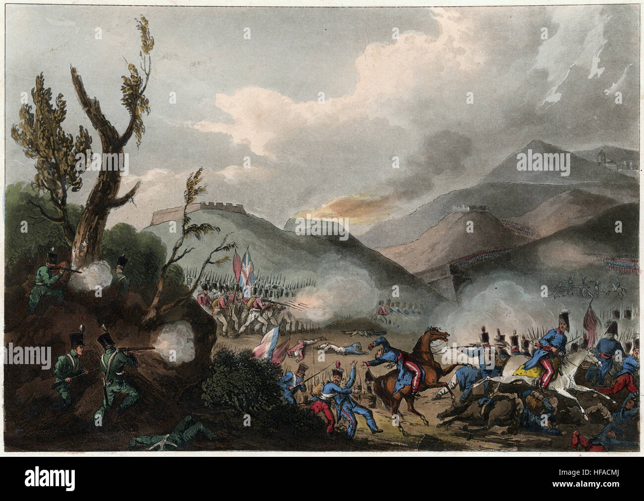 Antique 1815 engraving, hand-colored scene of the Battle of Bussaco. The Battle of Buçaco, fought on 27 September 1810 during the Peninsular War in the Portuguese mountain range of Serra do Buçaco, resulted in the defeat of French forces by Lord Wellington's Anglo-Portuguese Army. SOURCE: ORIGINAL ENGRAVING. Stock Photo