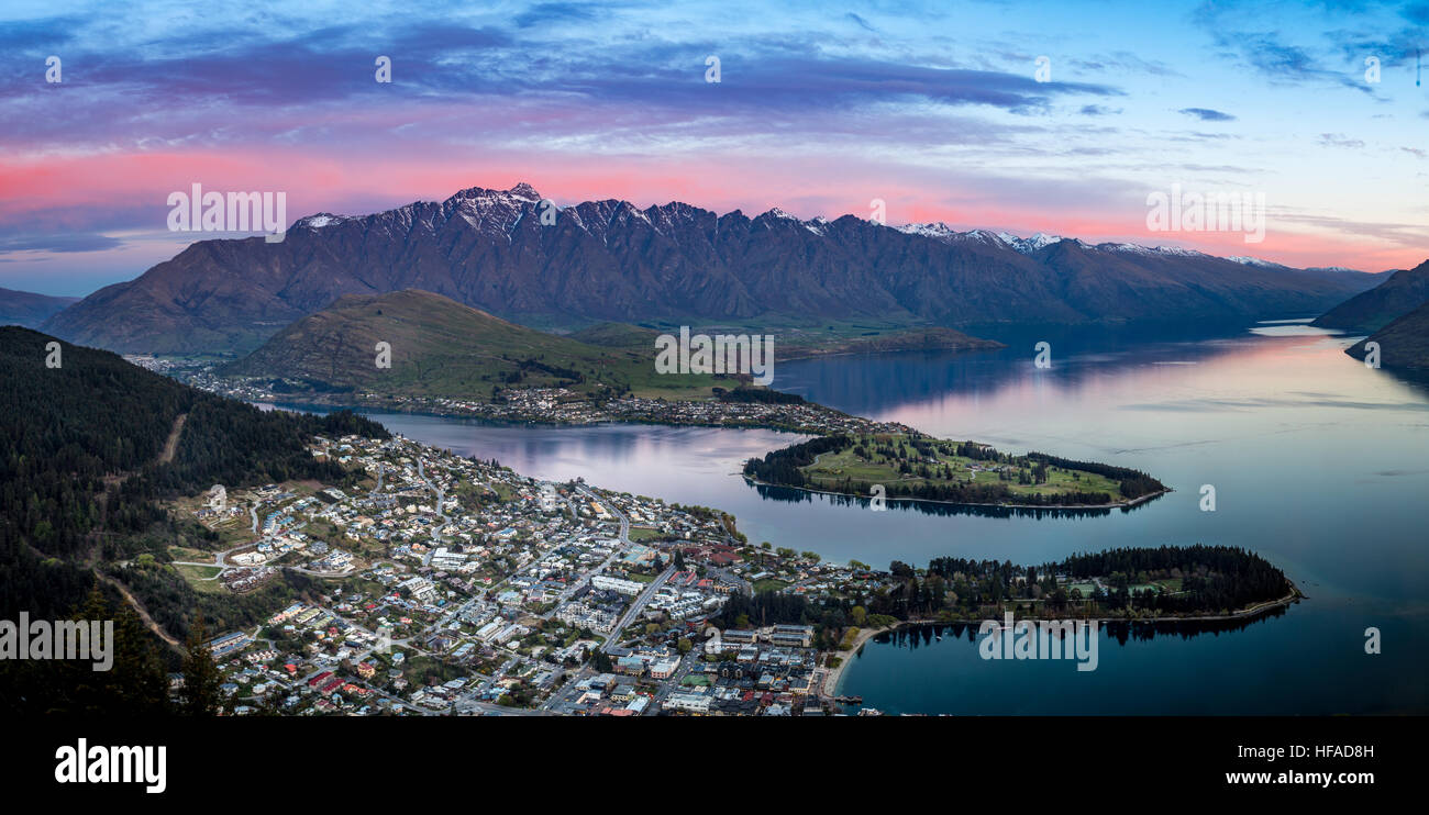 the city of Queenstown, New Zealand at sunset Stock Photo