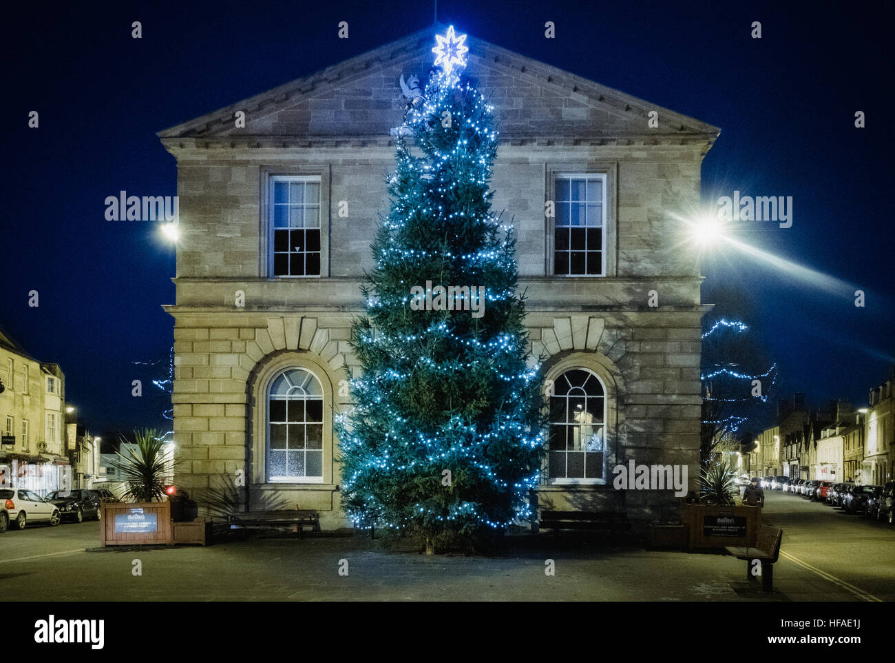 Colour image of Woodstock Town Hall at night with an illuminated