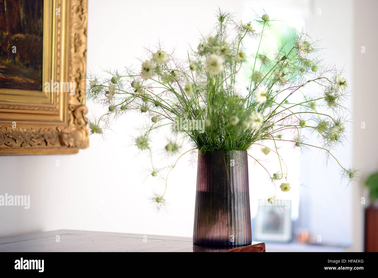 Smokey Glass Vase With Love In A Mist Nigella Flower Display
