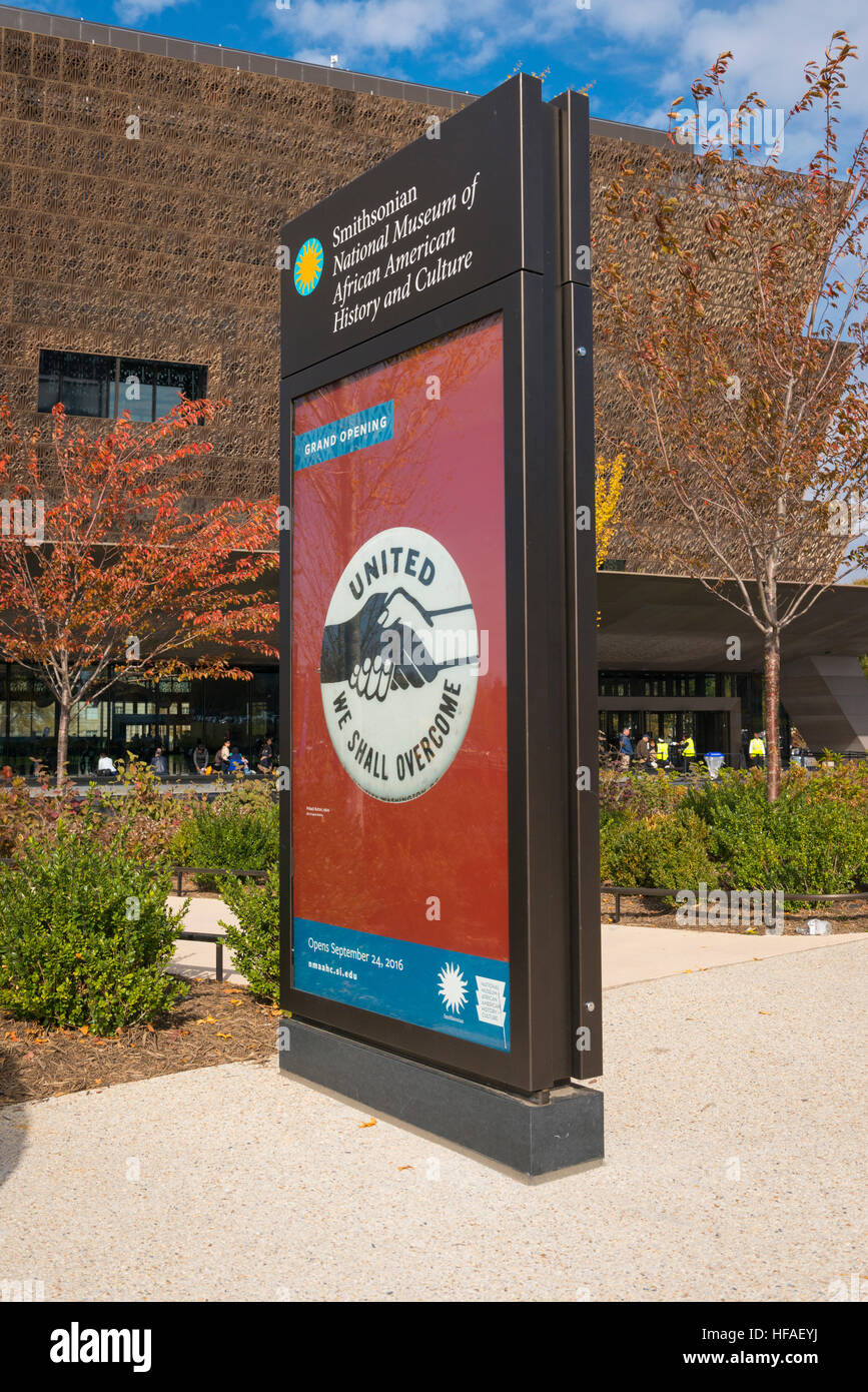 USA capital Washington DC District of Columbia entrance sign National Museum of African American History Culture United Overcome Stock Photo