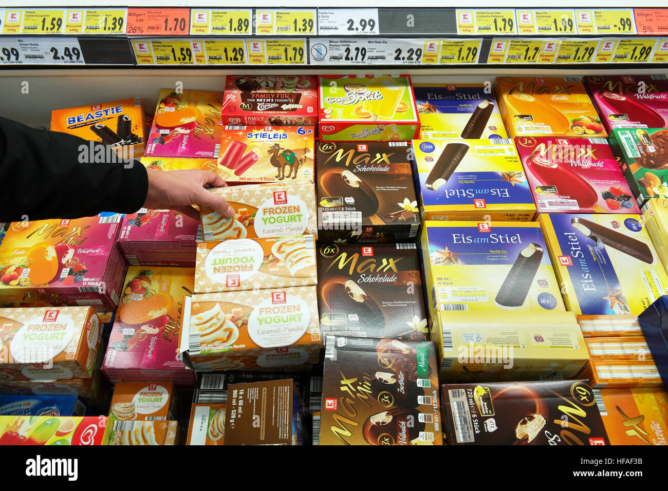 ice pop packings in a freezer of a Kaufland supermarket Stock Photo