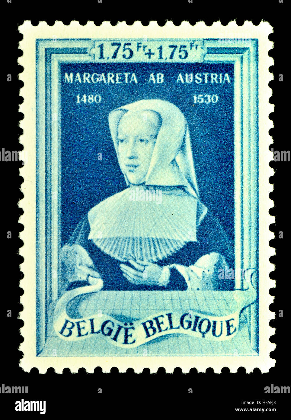 Belgian postage stamp (1941) : Archduchess Margaret of Austria (1480 – 1530) Princess of Asturias and Duchess of Savoy Stock Photo
