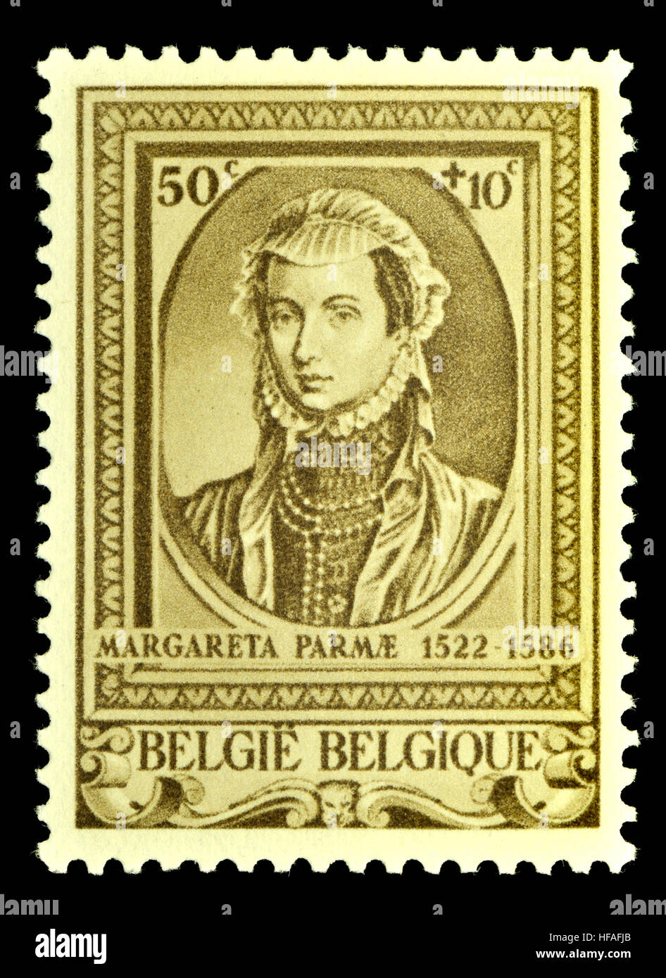 Belgian postage stamp (1941) : Margaret of Parma / Margherita di Parma (1522 – 1586) Governor of the Netherlands (1559 to 1567 and 1578 to 1582. Illeg Stock Photo