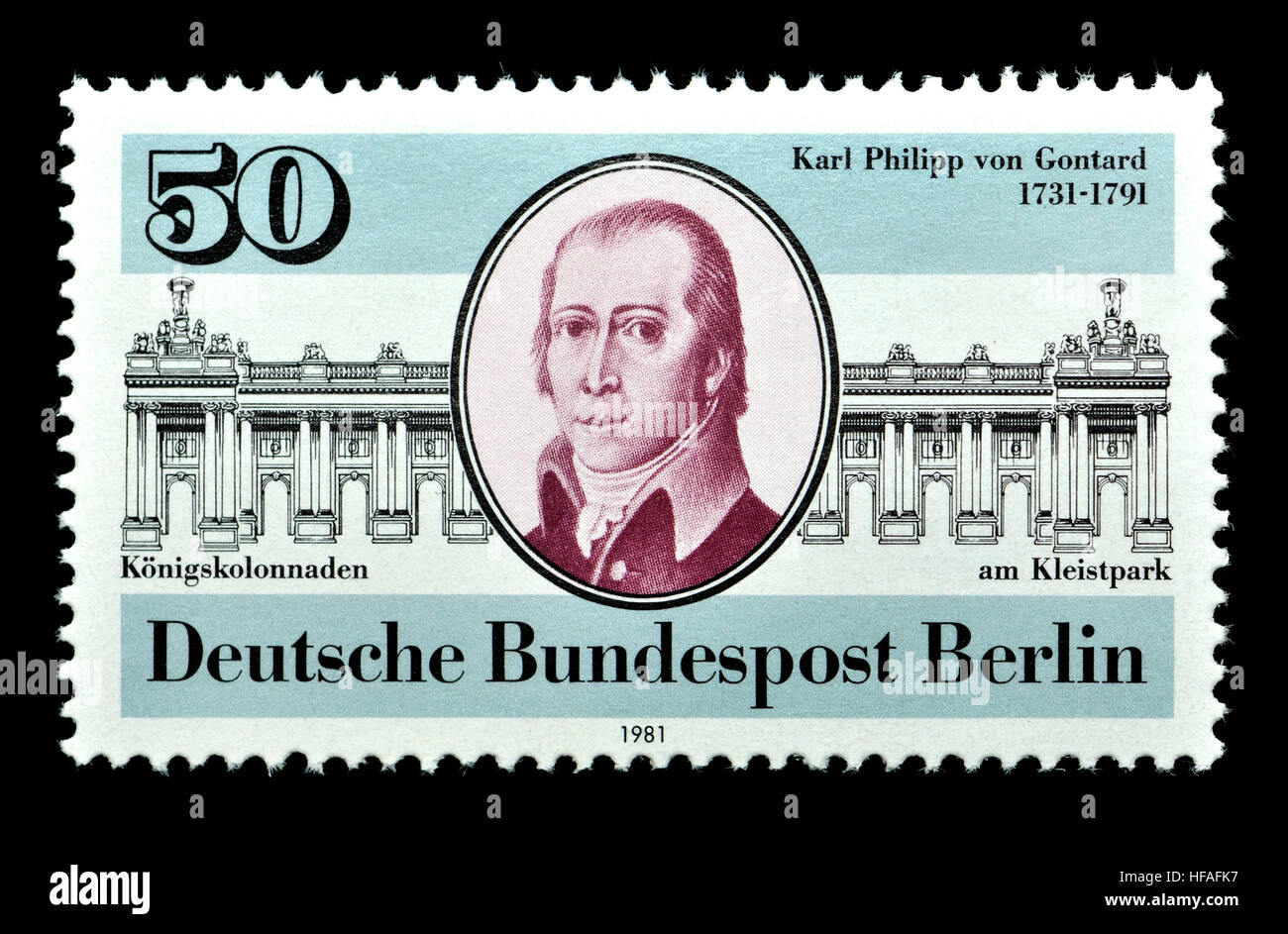 German (W Berlin) postage stamp (1981) : Karl Philipp Christian von Gontard (1731 – 1791) German architect who worked primarily in Berlin, Potsdam.... Stock Photo