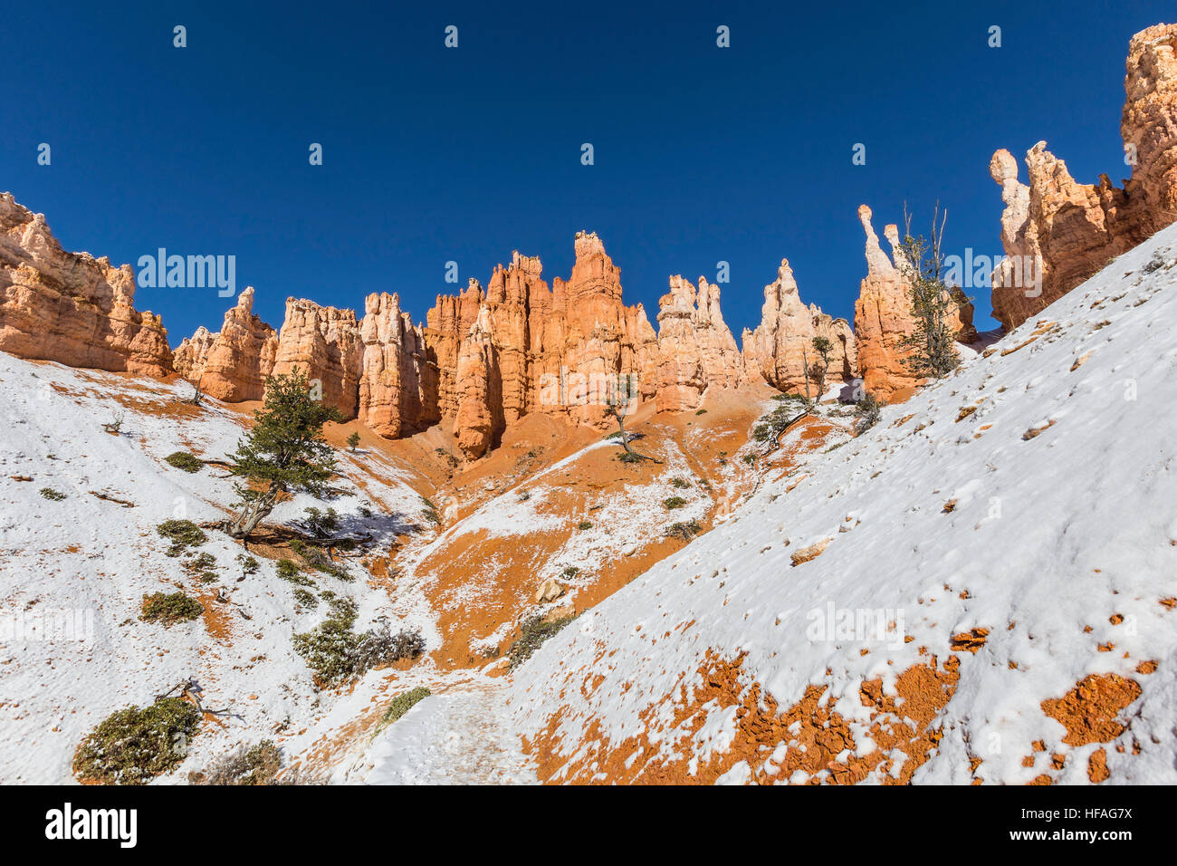 Hoodoo towers and snow at Bryce Canyon National Park in Southern Utah. Stock Photo