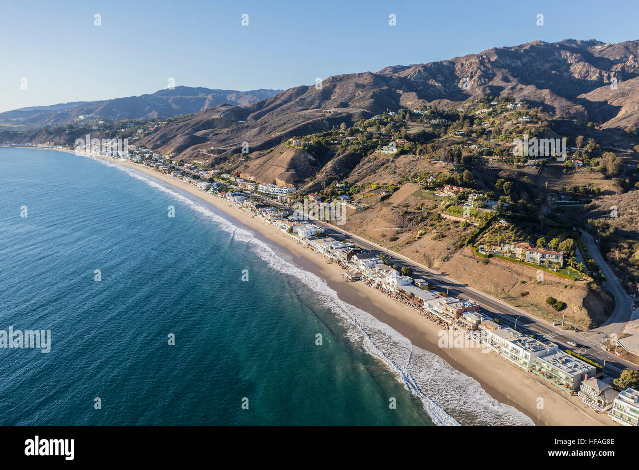 Aerial of beach houses along Pacific Coast Highway in the Malibu area of Los Angeles County. Stock Photo