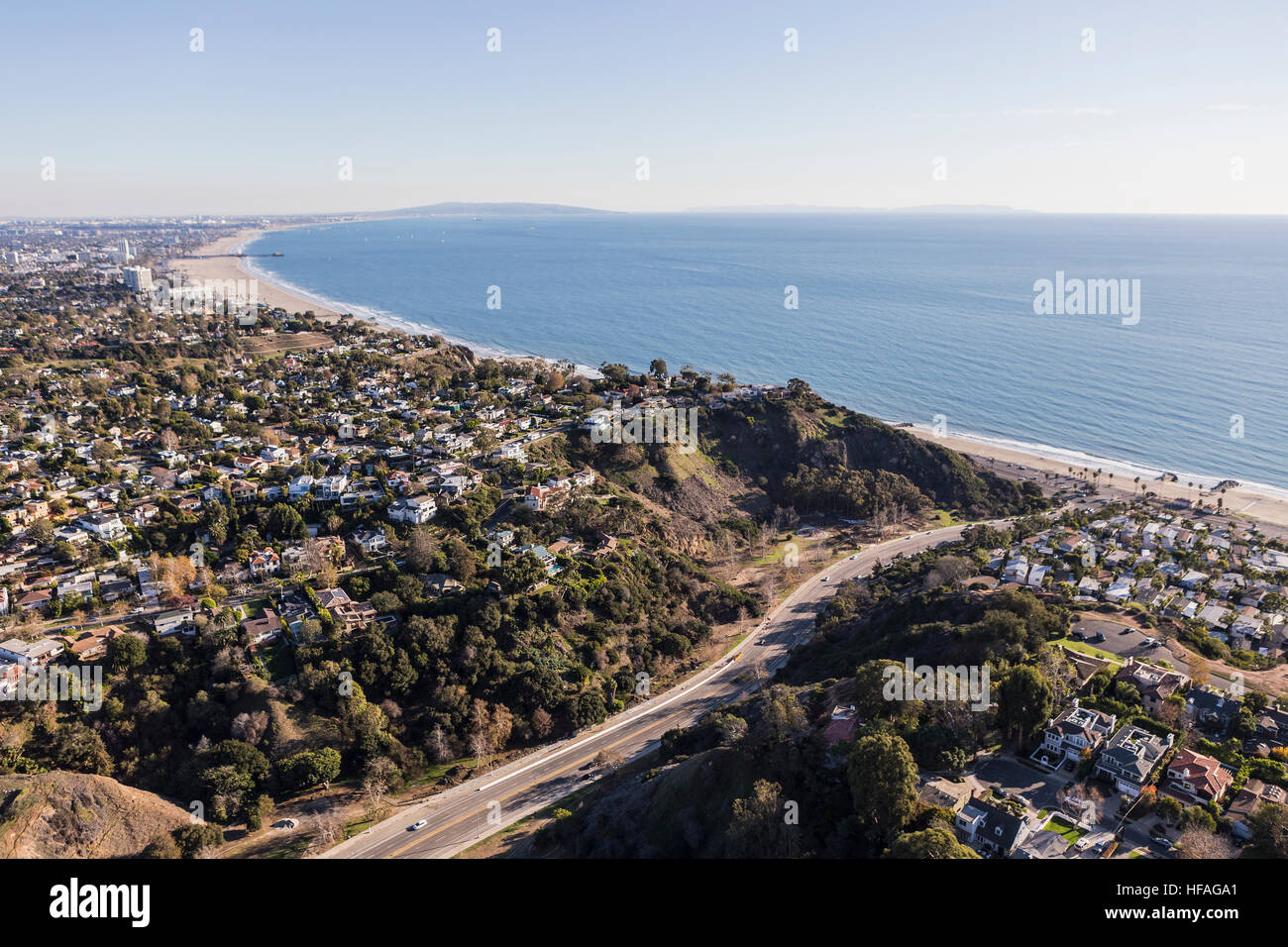 Aerial of Temescal Canyon Road and Pacific Palisades neighborhoods near