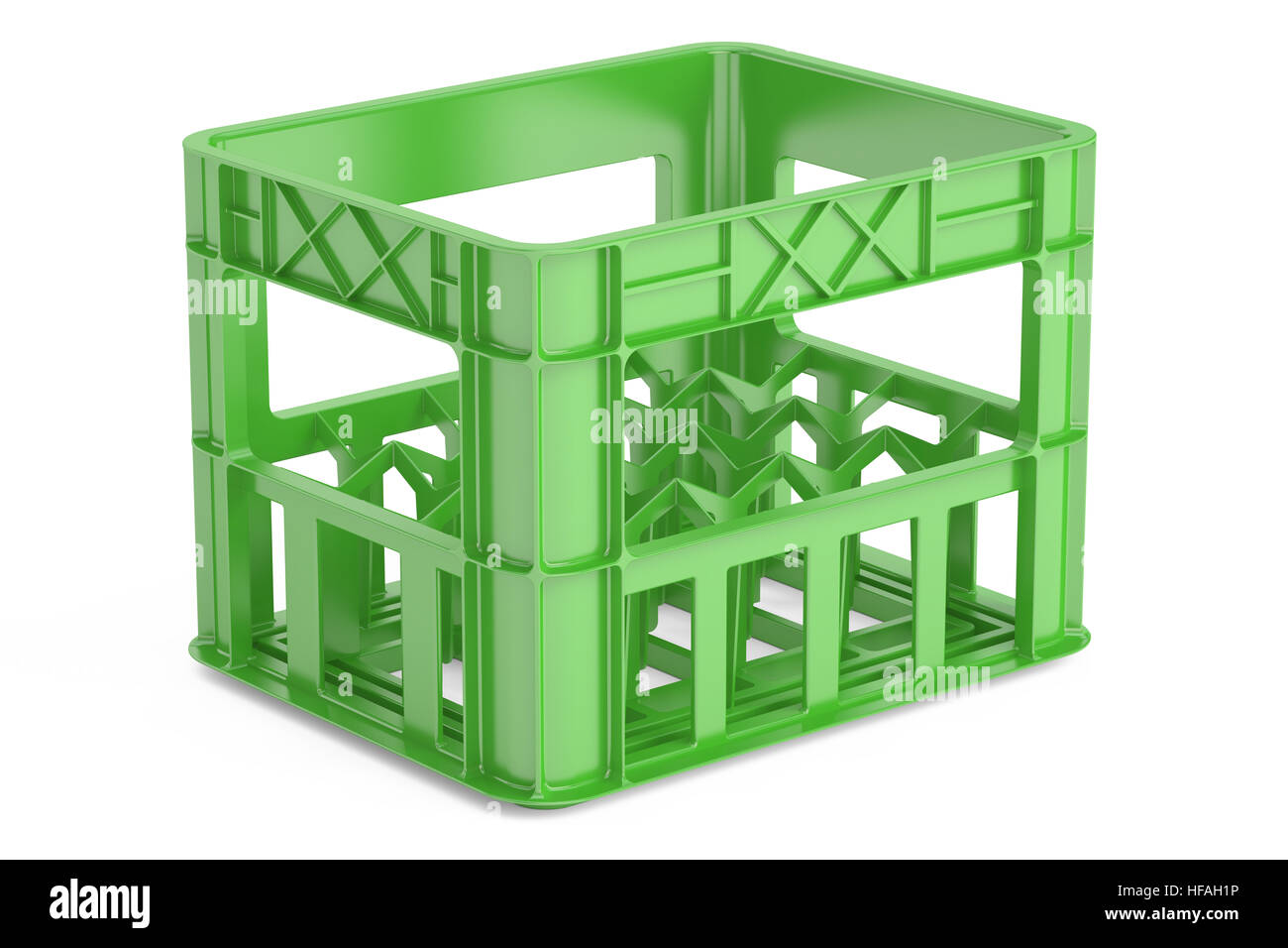 empty green plastic crate for bottles. 3D rendering isolated on white background Stock Photo