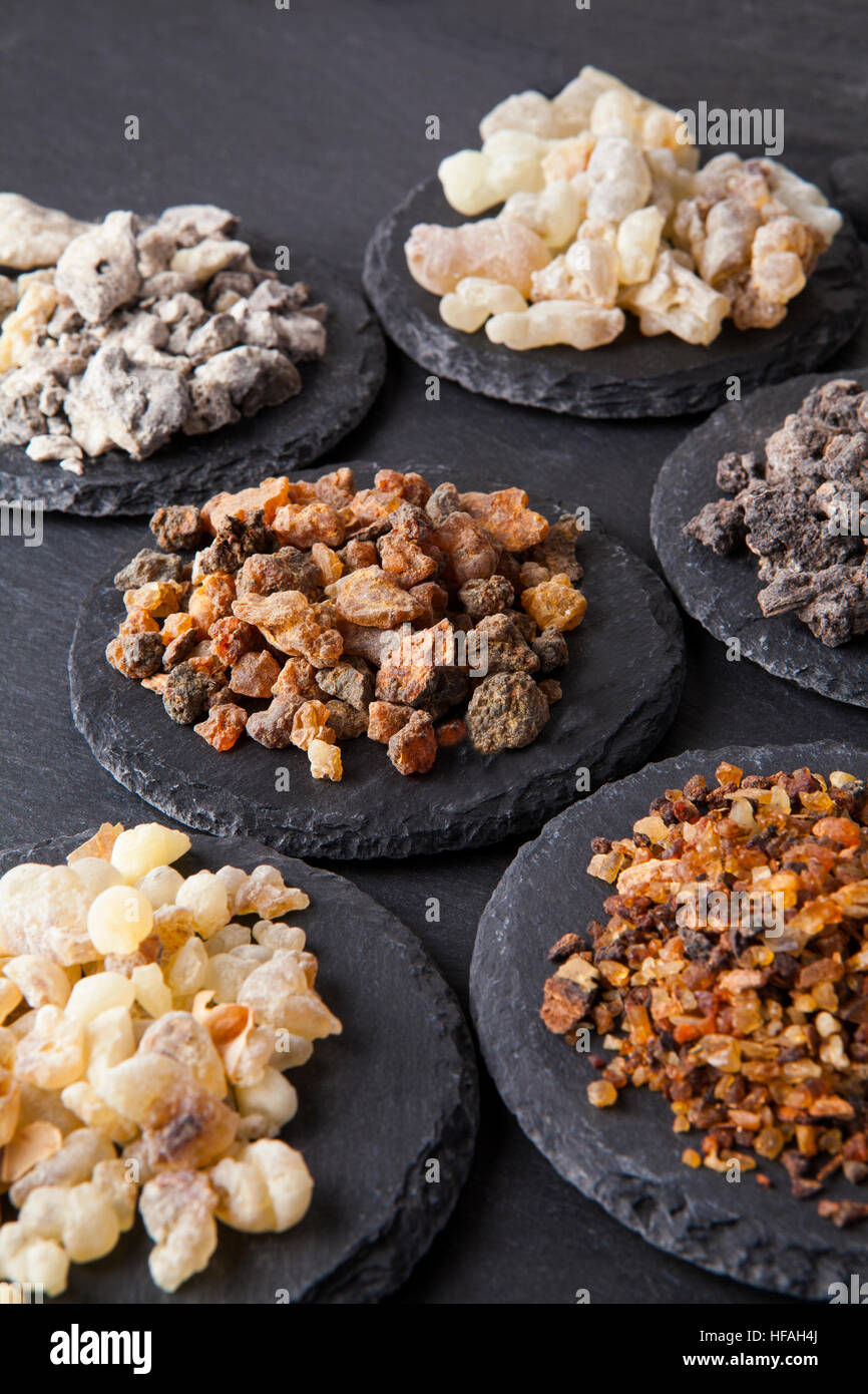 Various kinds of incense myrrh, frankincense, messer, copaiba,elemi camonya Stock Photo Alamy