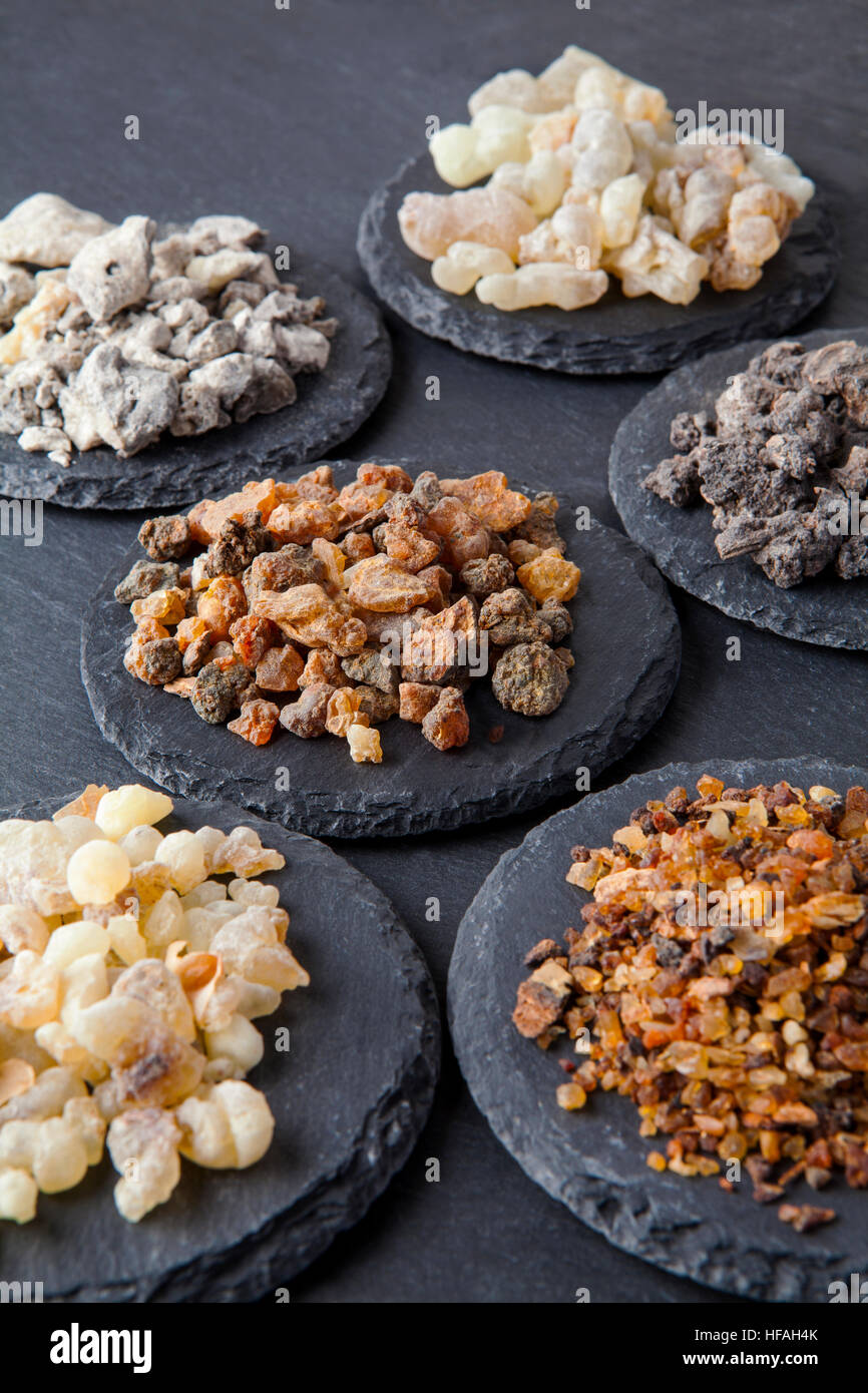 Various kinds of incense: myrrh, frankincense, messer, copaiba,elemi camonya Stock Photo