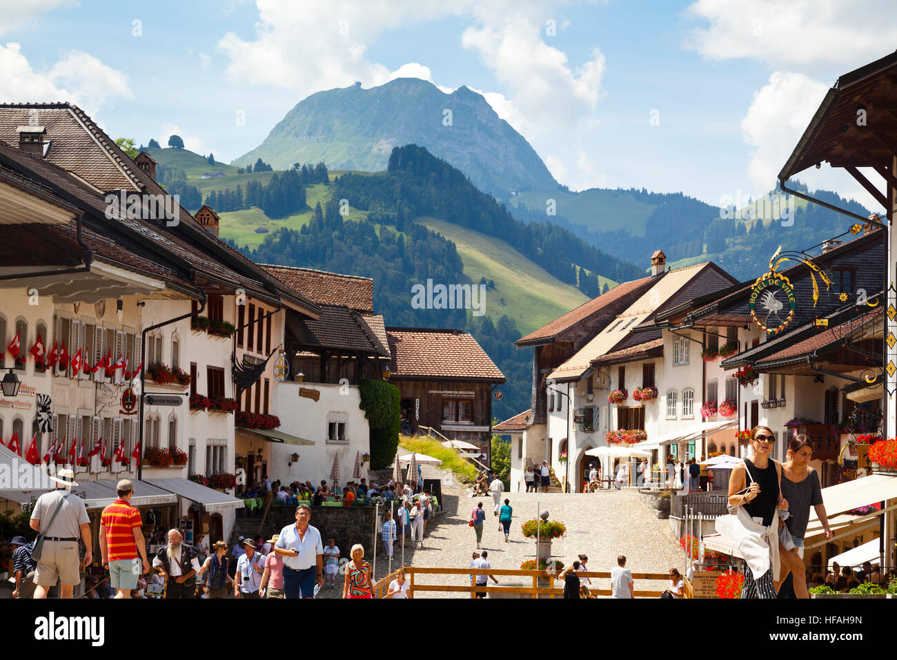 GRUYERE, CH, CIRCA JULY, 2016 View of the main street in the swiss