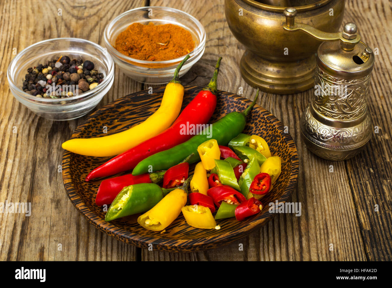 Colorful mix of the freshest and hottest chili peppers Stock Photo