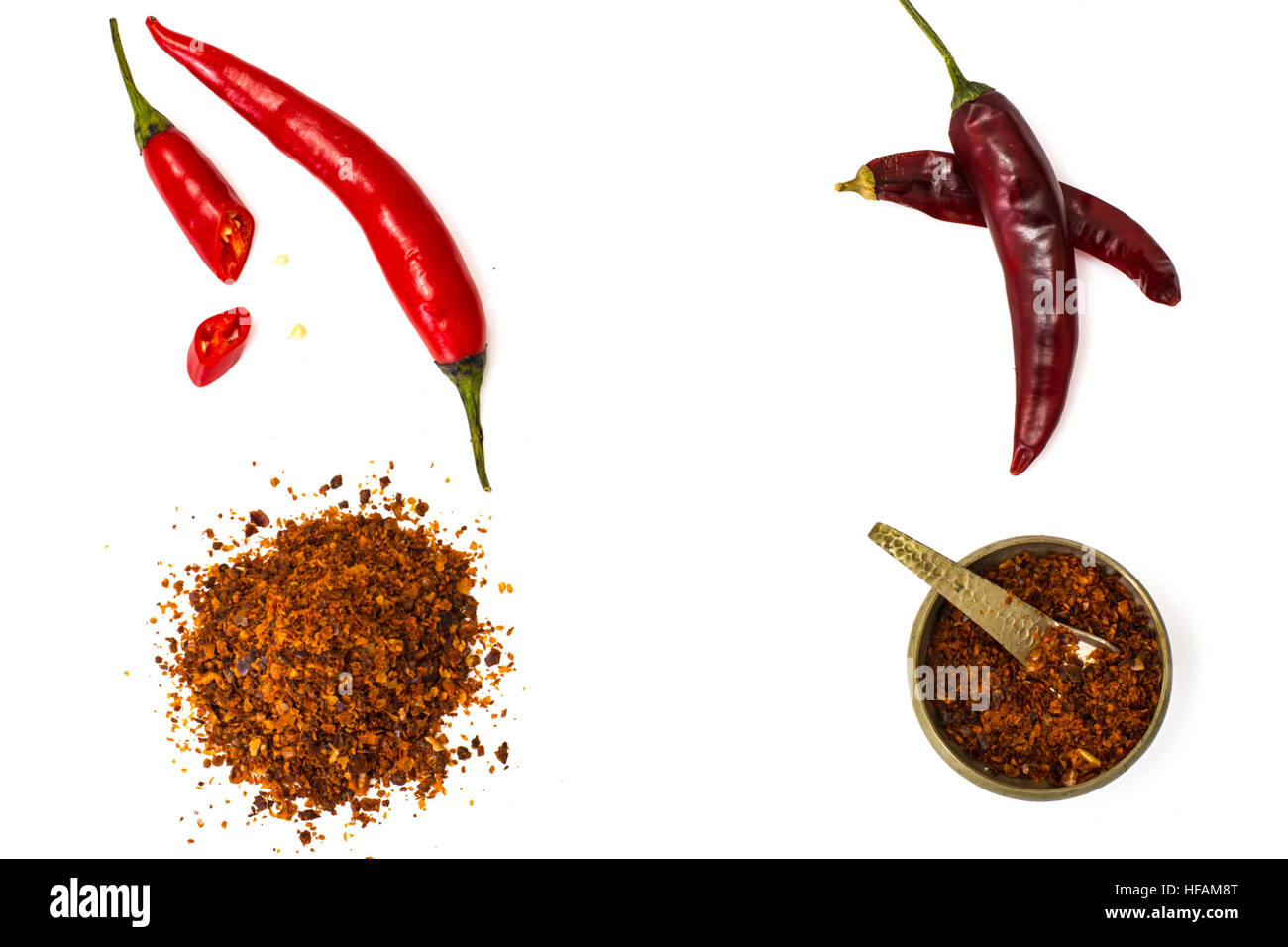 Chili, red pepper flakes, corns and chili powder Stock Photo Alamy