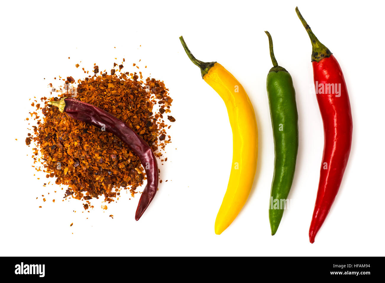 Chili, red pepper flakes, corns and chili powder Stock Photo Alamy