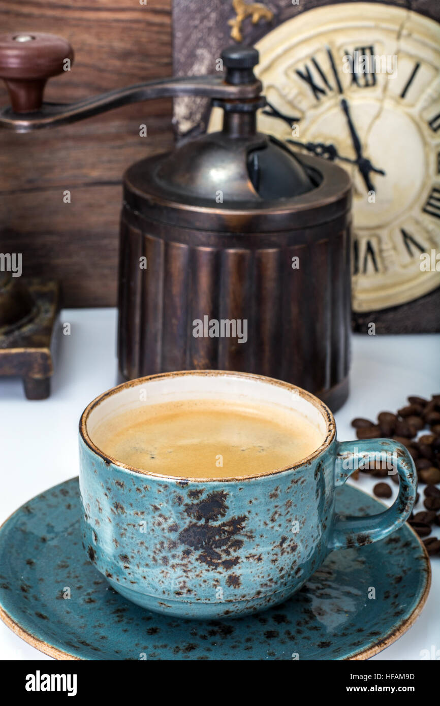 Espresso in vintage blue cup Stock Photo Alamy