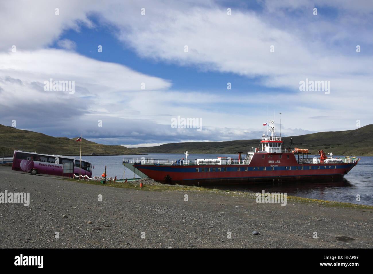 'Bahia Azul' ferry from Rio Verde across Fitz Roy Channel to Riesco Island coal mining project, Patagonia, Chile Stock Photo