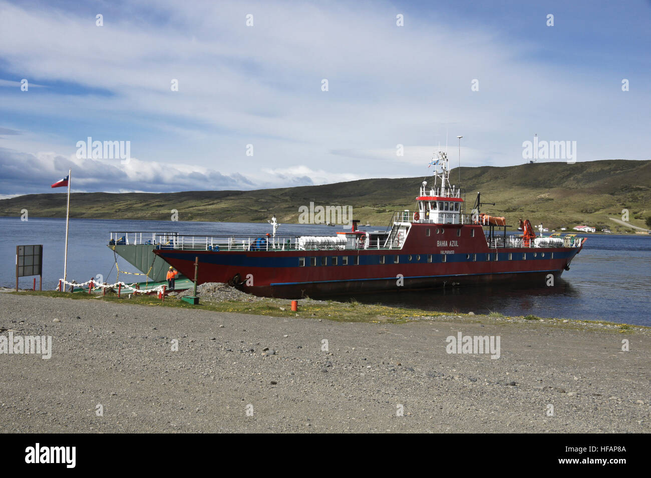 'Bahia Azul' ferry from Rio Verde across Fitz Roy Channel to Riesco Island coal mining project, Patagonia, Chile Stock Photo