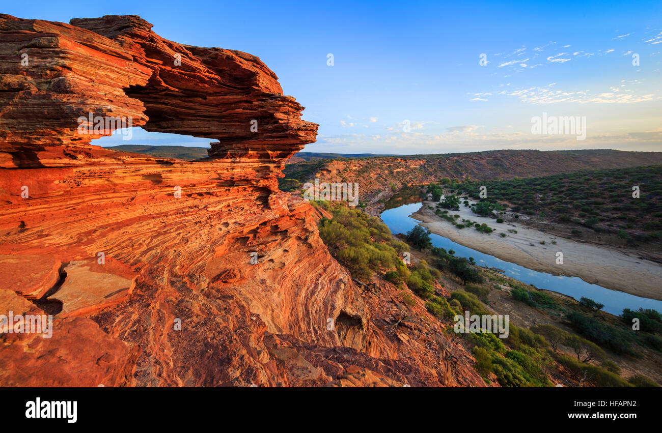 Kalbarri National Park, Australia. Nature's Window lookout (formed from layers of Tumblagooda Sandstone) and the Murchison River Stock Photo