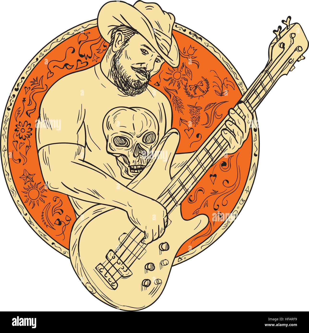 Drawing sketch style illustration of a  bearded cowboy wearing hat holding playing bass guitar viewed from front set inside circle. Stock Vector