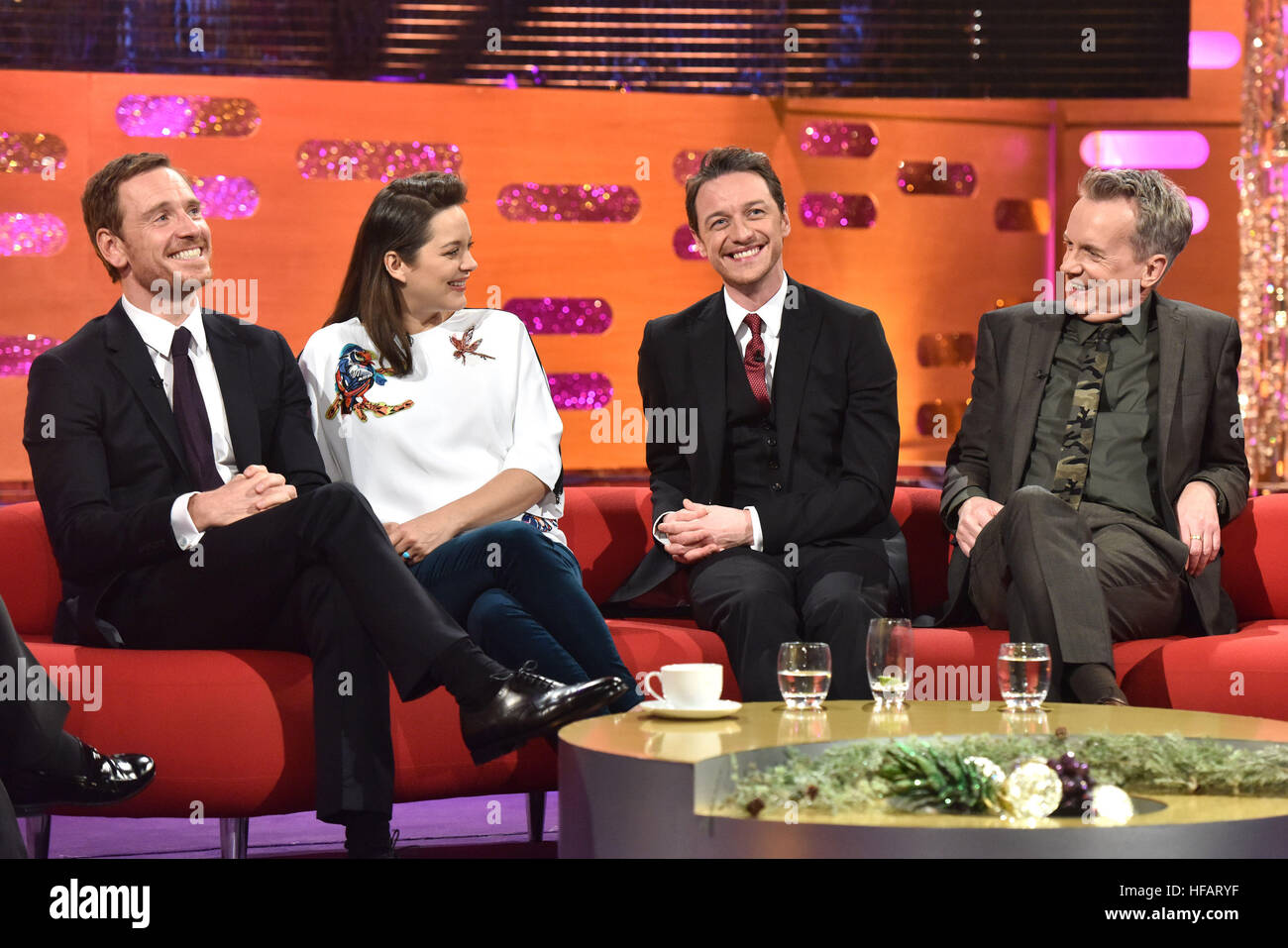 (left to right) Michael Fassbender, Marion Cotillard, James McAvoy and Frank Skinner during filming of the Graham Norton Show at The London Studios, south London, to be aired on BBC One on New Year's Eve. Stock Photo