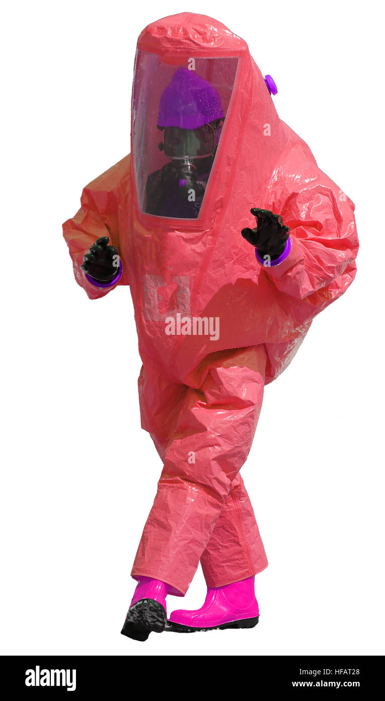 person with red protective suit with breathing apparatus and fuchsia boots high visibility and anti contamination filters against biohazard and white  Stock Photo