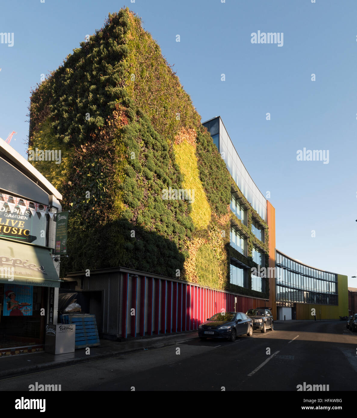New extension to the MTV studios in Camden Town showing the living wall in Hawley Crescent Stock Photo