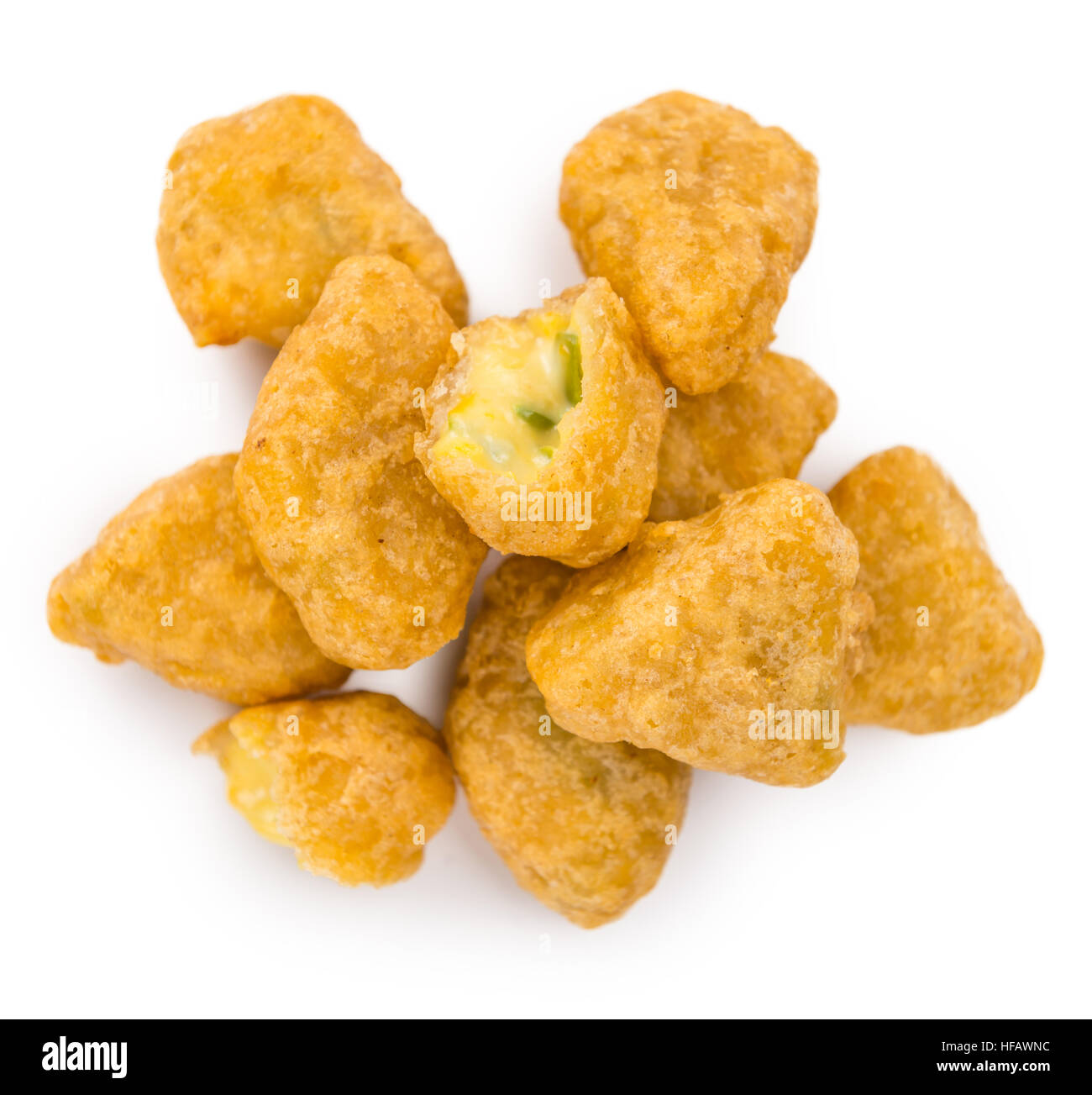 Portion of Chili Cheese Nuggets (as closeup shot) isolated on white