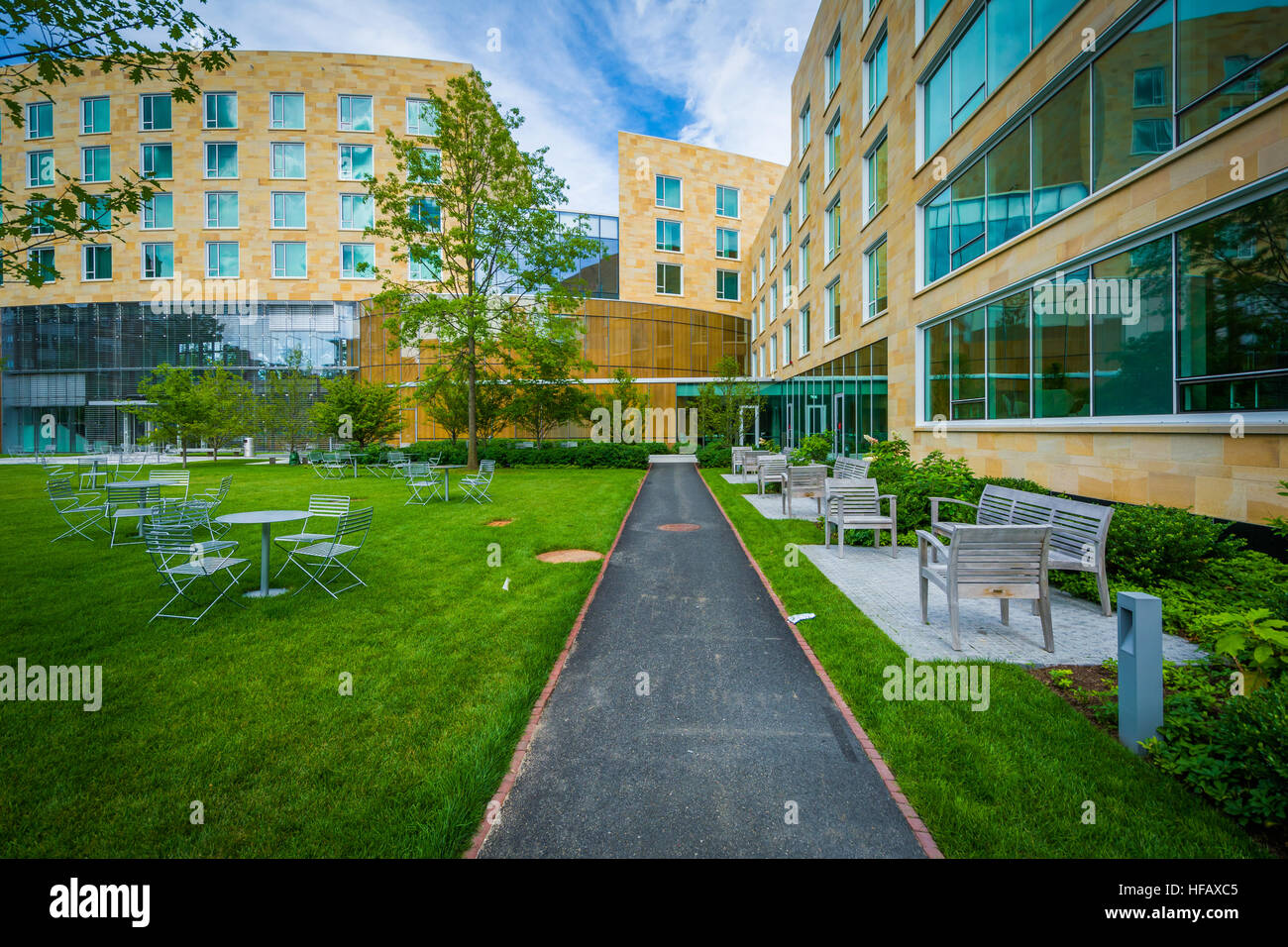 Walkway and Tata Hall, at Harvard Business School, in Boston ...