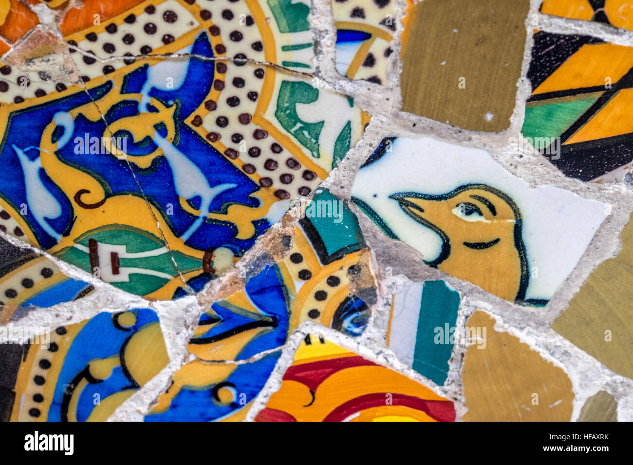 Park Guell Barcelona Gaudi mosaic tile close up. Stock Photo