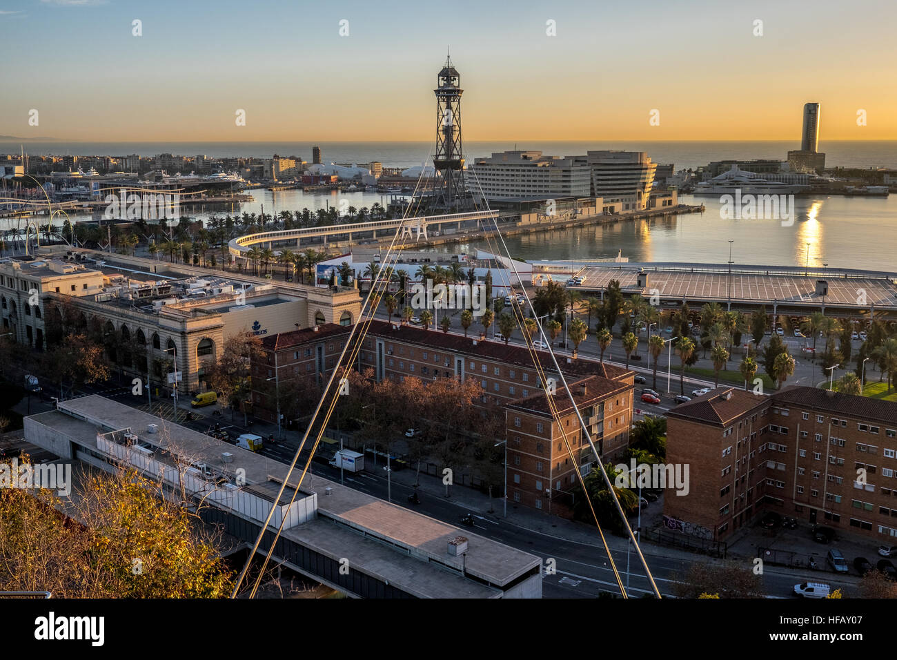 Telef ric De Montju c Cable Car Barcelona Spain Overlook Skyline Aerial Telef ric De Montju c Cable Car Barcelona Spain Overlook Skyline Aerial