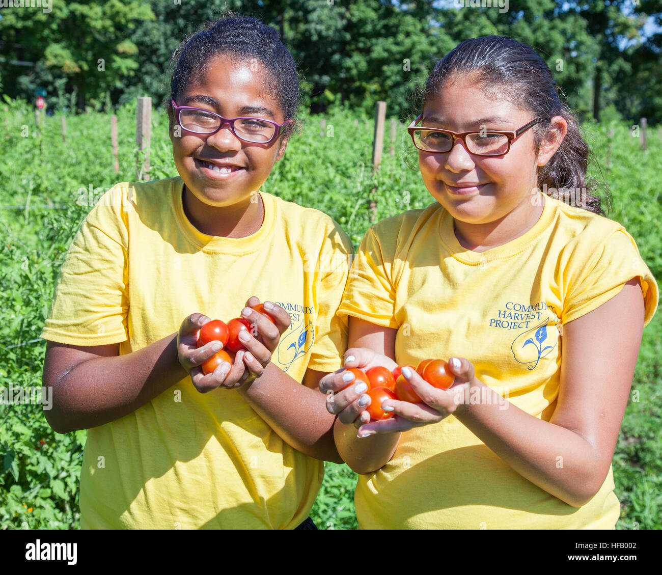 Girls holding tomatoes that they just picked Stock Photo
