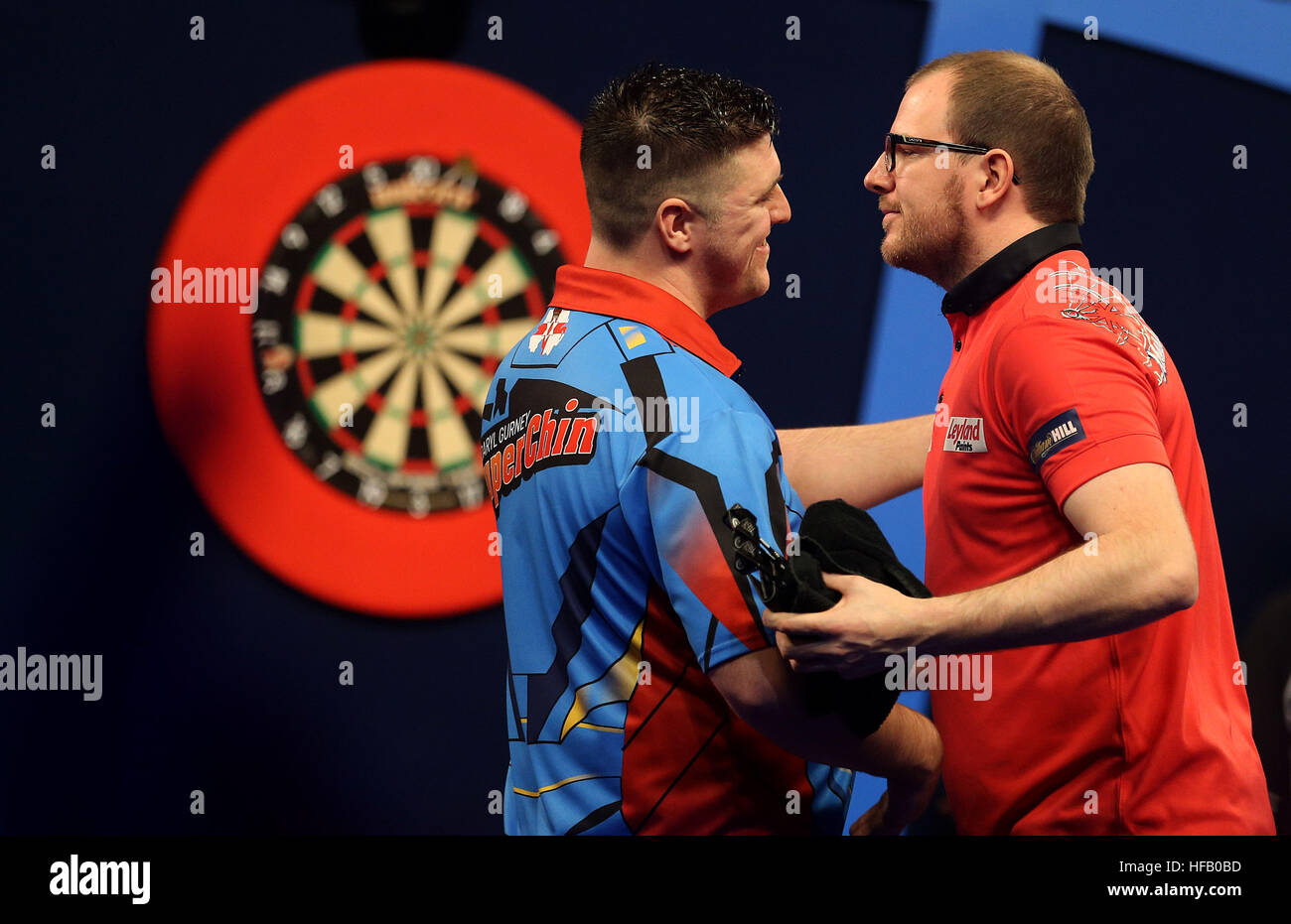 Daryl Gurney after winning his match against Mark Webster during day twelve of the William Hill World Darts Championship at Alexandra Palace, London. Stock Photo