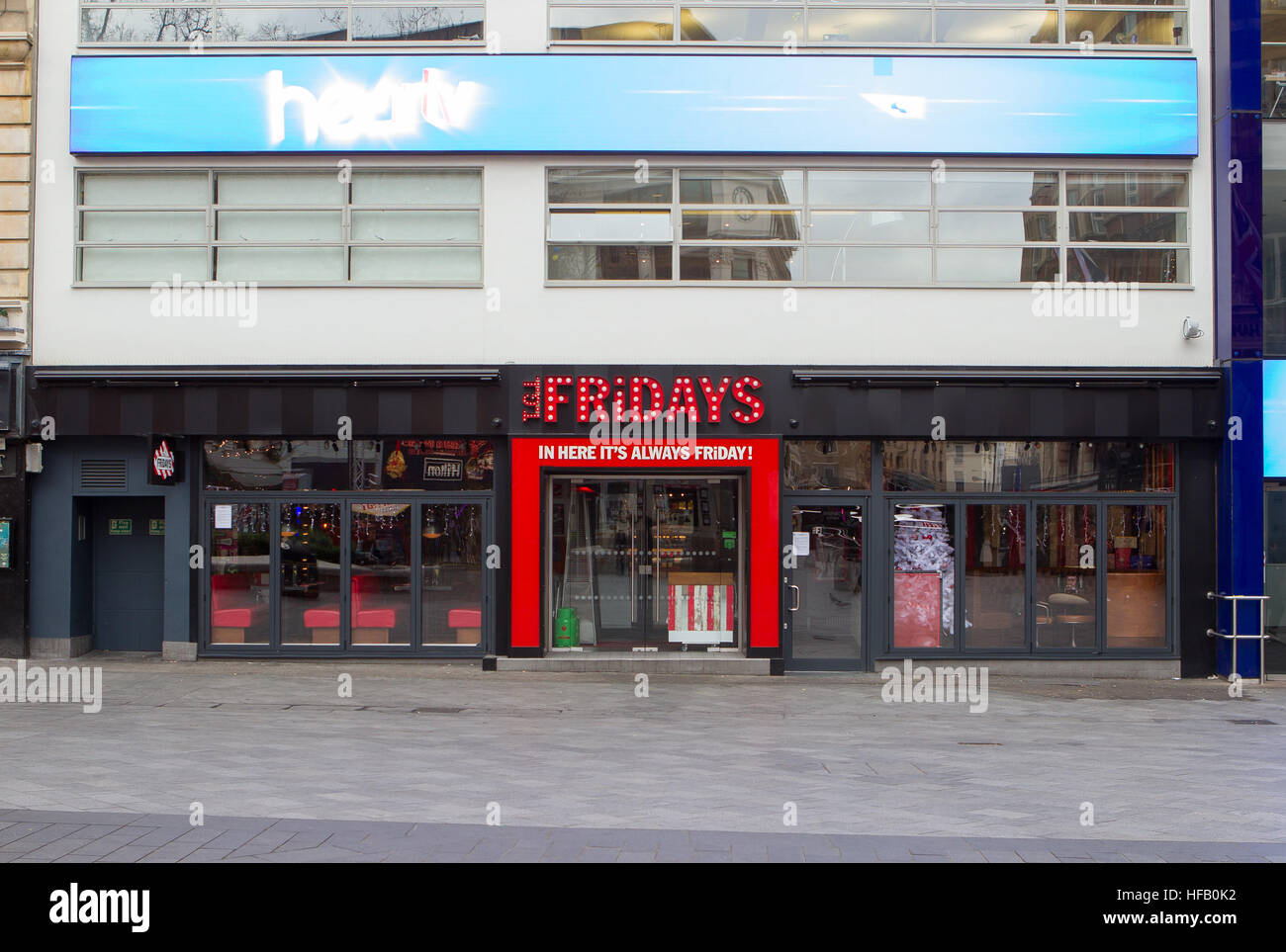 General View GV of TGI Fridays restaurant, 30 Leicester Square, London WC2H 7JZ Stock Photo