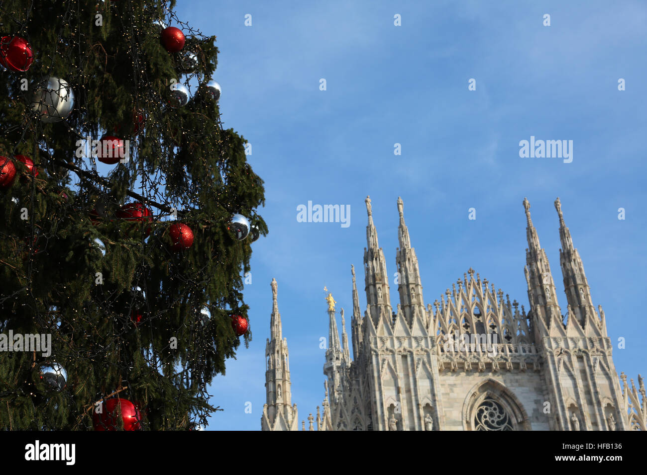 Milan Cathedral and the big Christmas tree Stock Photo